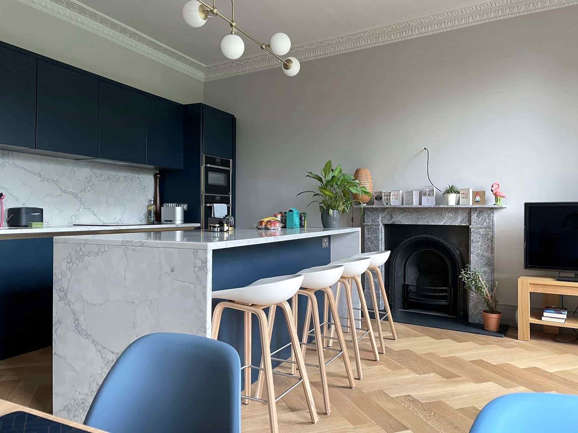 Engineered oak herringbone flooring specified for an Edinburgh interior