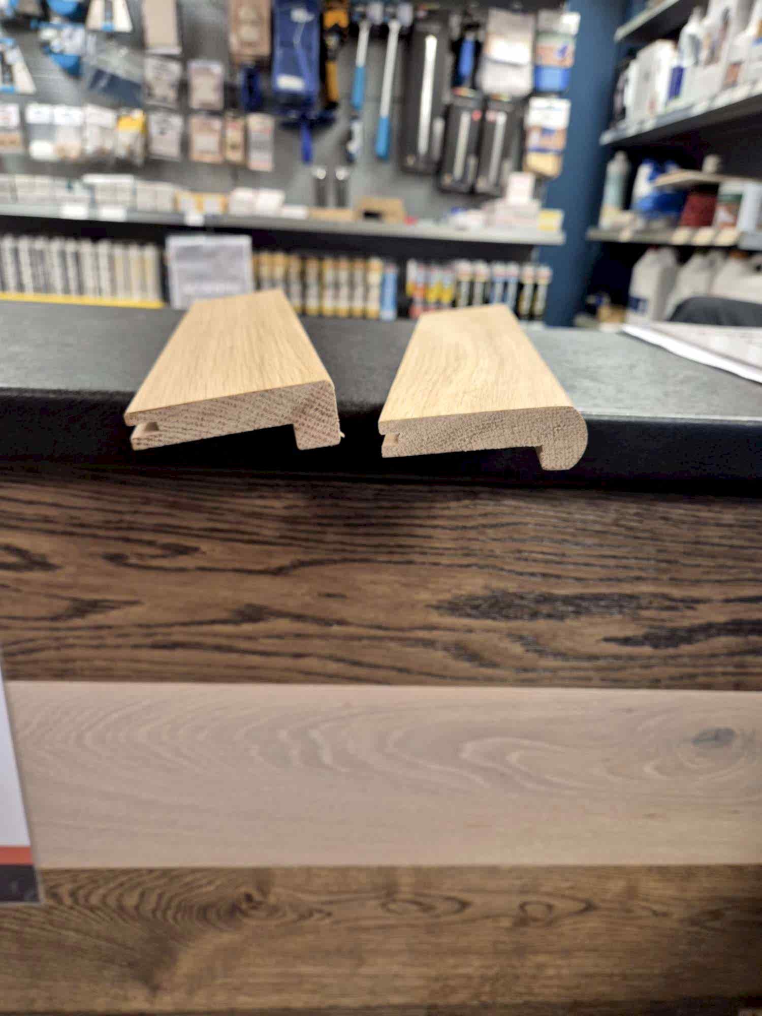 Straight drop and bull nose solid oak stair nosing profiles